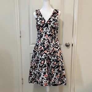White House Black Market Black Floral Print V-Neck Midi Dress